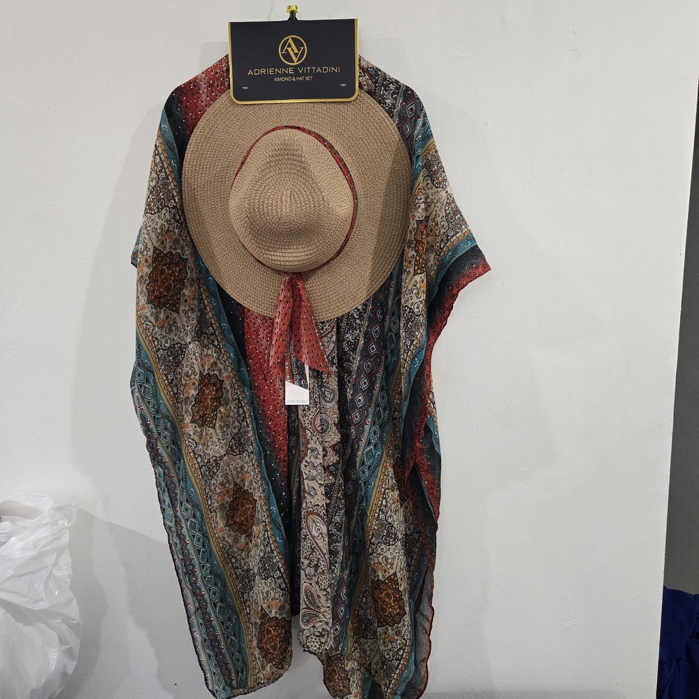 NEW Adrienne Vittadini Kimono & Hat Cover up Set Rhinestones Luxury Boho Summer - Picture 2 of 13